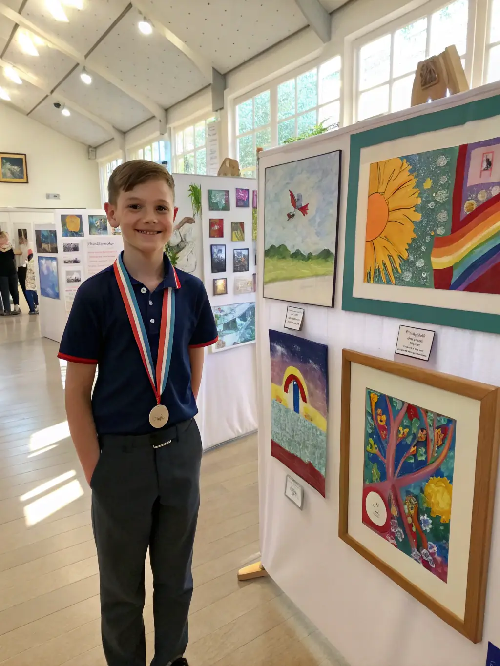 A heartwarming image of children proudly displaying their artwork at a Compagnie du Caillou exhibition, celebrating their achievements and artistic expression.