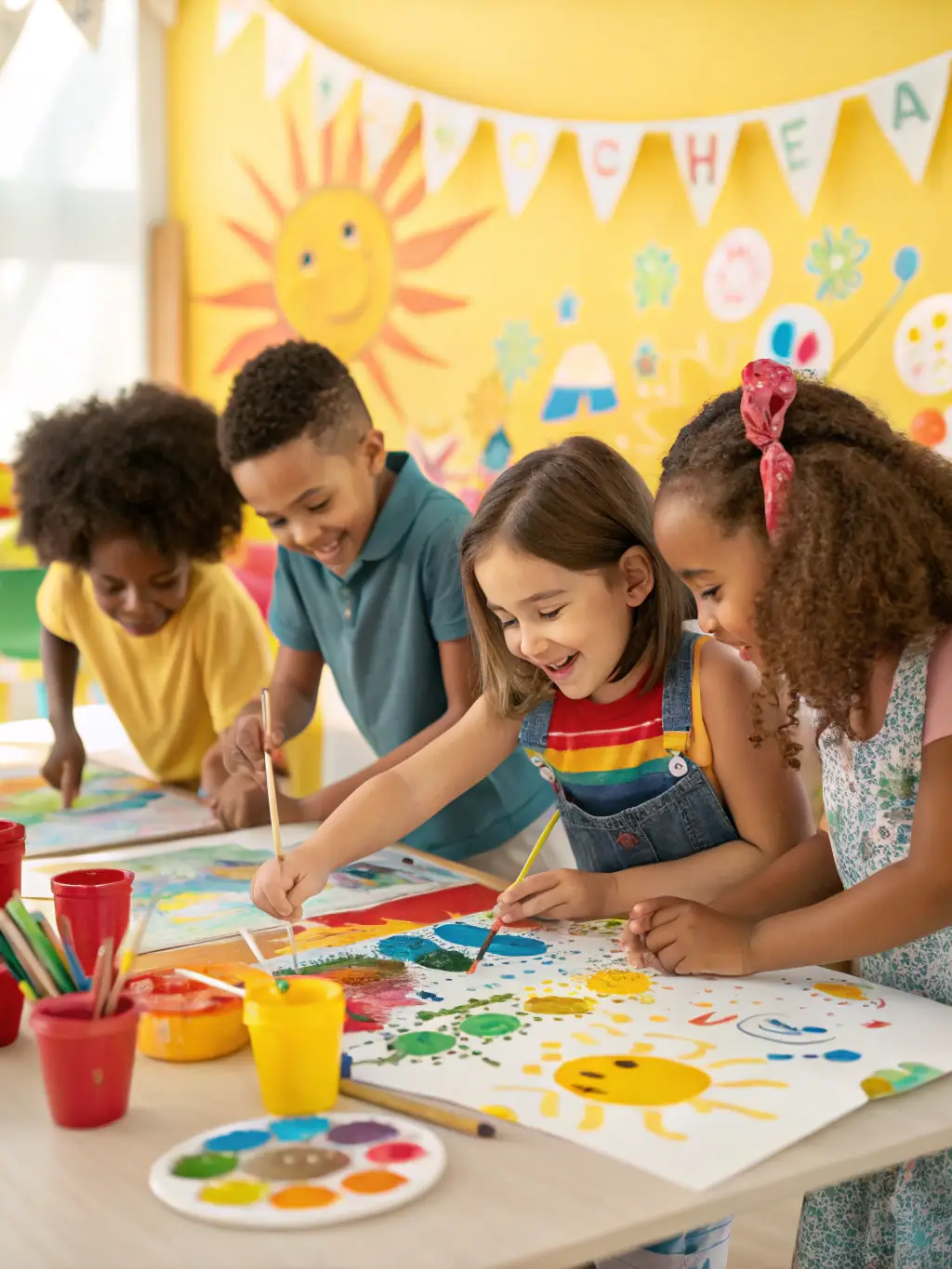 A colorful image depicting children creating art during a visual arts workshop, with paintbrushes, canvases, and various art supplies scattered around a table, emphasizing creativity and collaboration.
