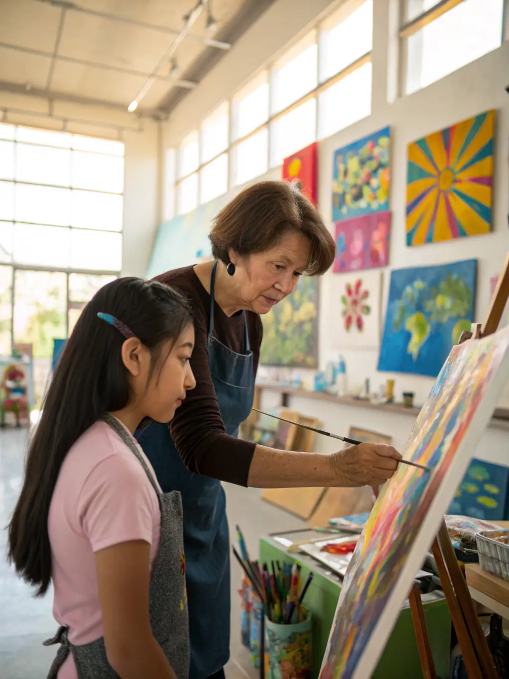 A picture of a professional artist mentoring a young student during a workshop at Compagnie du Caillou, highlighting the personalized guidance and support provided.