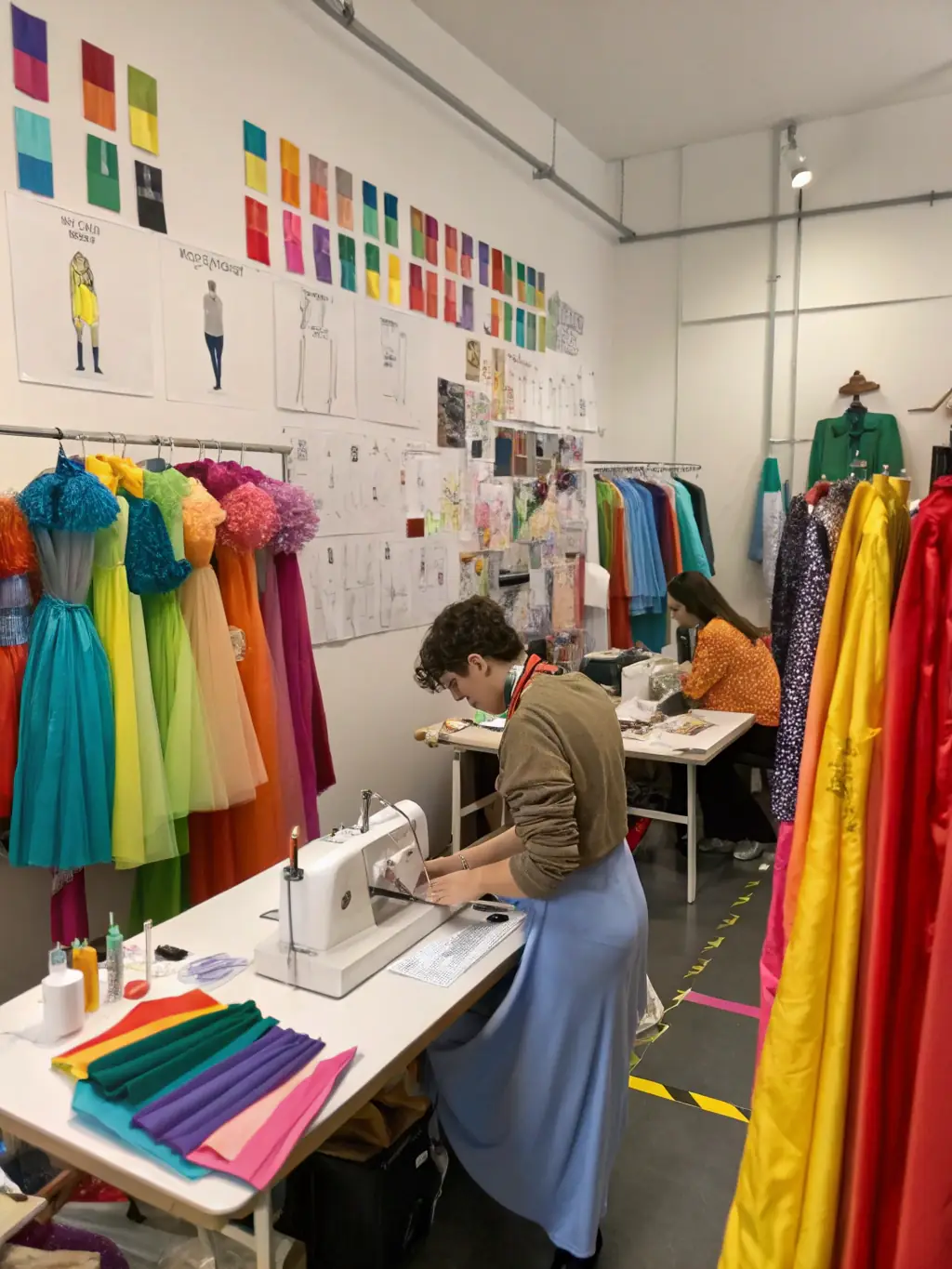 An image of participants engaged in a theatrical production workshop, focusing on set design and costume creation, with various tools and materials visible, emphasizing teamwork and creativity.