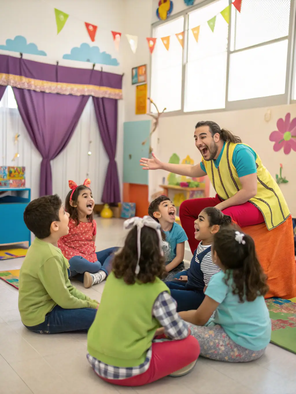A vibrant image of children participating in an acting workshop, showcasing expressive faces and dynamic movement, set in a brightly lit studio with theatrical props in the background.