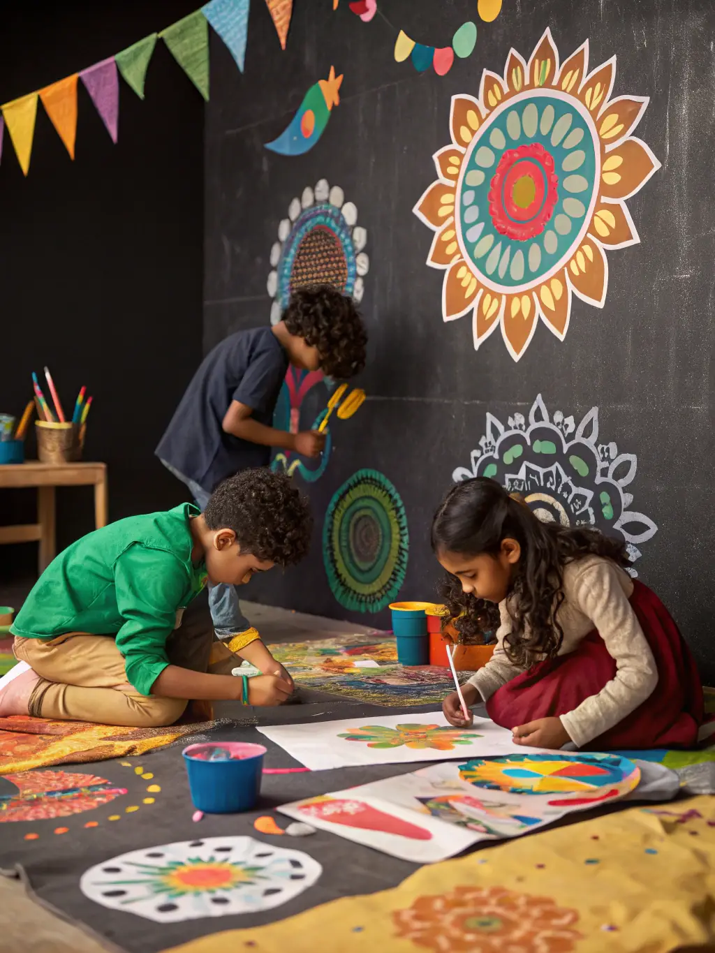 A vibrant image of children laughing and collaborating on a colorful mural during an art workshop at Compagnie du Caillou, showcasing the joy of creative expression.