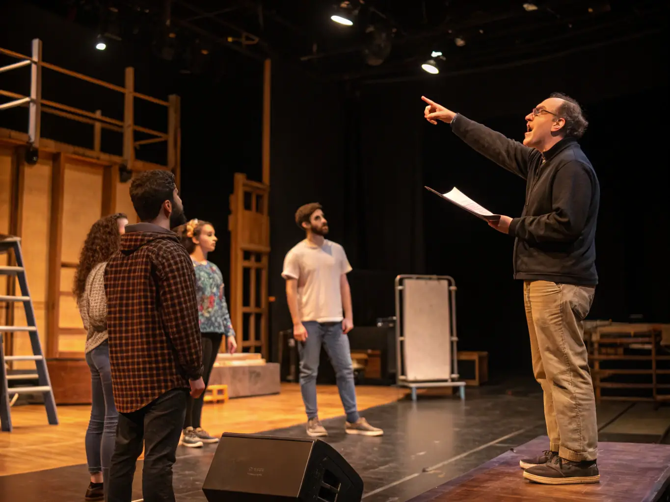A photograph capturing a group of participants rehearsing a play, with scripts in hand and a director providing guidance.
