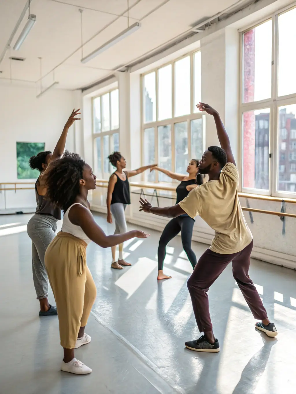 A dynamic image of dancers in motion during a contemporary dance class, highlighting fluid movements and expressive gestures, set in a dance studio with mirrors and natural light.