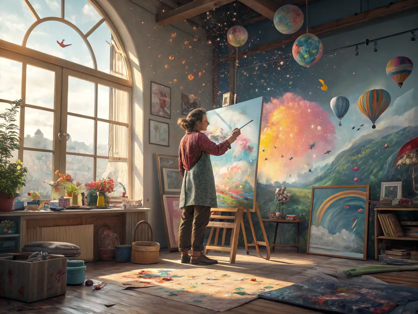 A vibrant image of participants creating art during a literary and artistic workshop, with paintbrushes, canvases, and various art supplies.